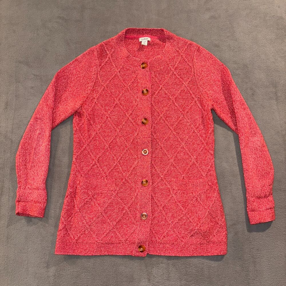 LL Bean Womens Red Pink Long Button Down Cardigan Diamond Knit 100% Cotton Small